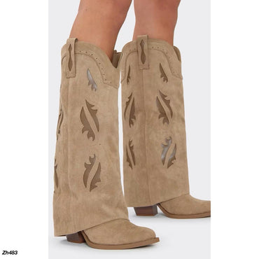 Bota texana beige doblez detalles café tacon 9cm  2563A  C-154