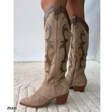 Bota texana beige detalles café tacon 6cm  A9835   C-122