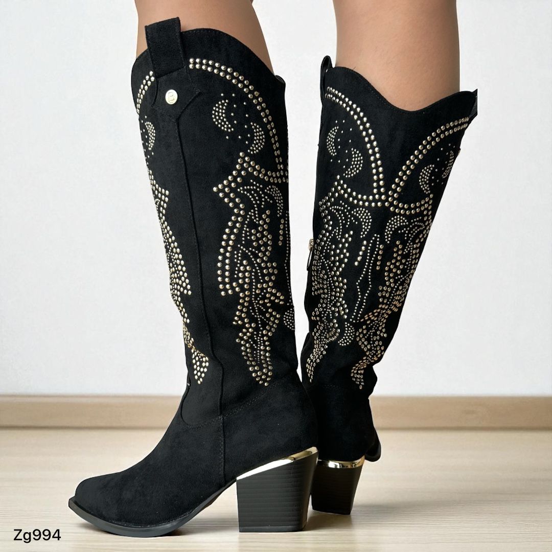 Bota texana negro apliques dorado tacon 6cm  1986-19  C-40
