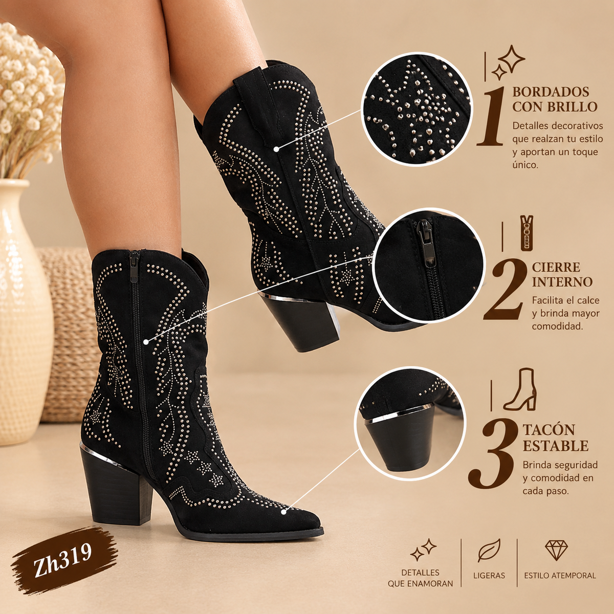 Botin texano negro apliques plateado tacon 8cm  M-824  C-105