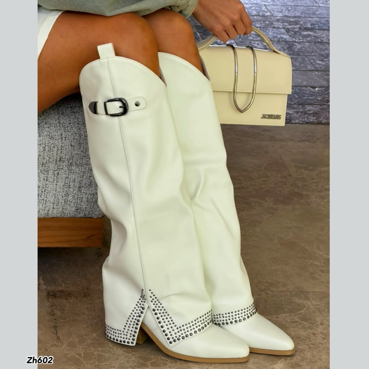 Bota texana blanco doblez apliques plateado tacon 8cm  HX2997-B9926