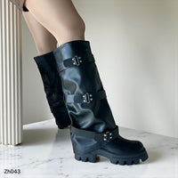 Bota caña alta negro doblez detalle correas suela 6cm   255-113