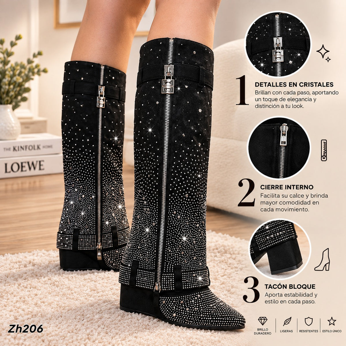 Bota caña alta negro doblez apliques plateado brillantes tacon corrido 9cm   HX2697-C1208