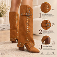 Bota texana café doblez apliques dorado plomo tacon 8cm  HX3083-C1180