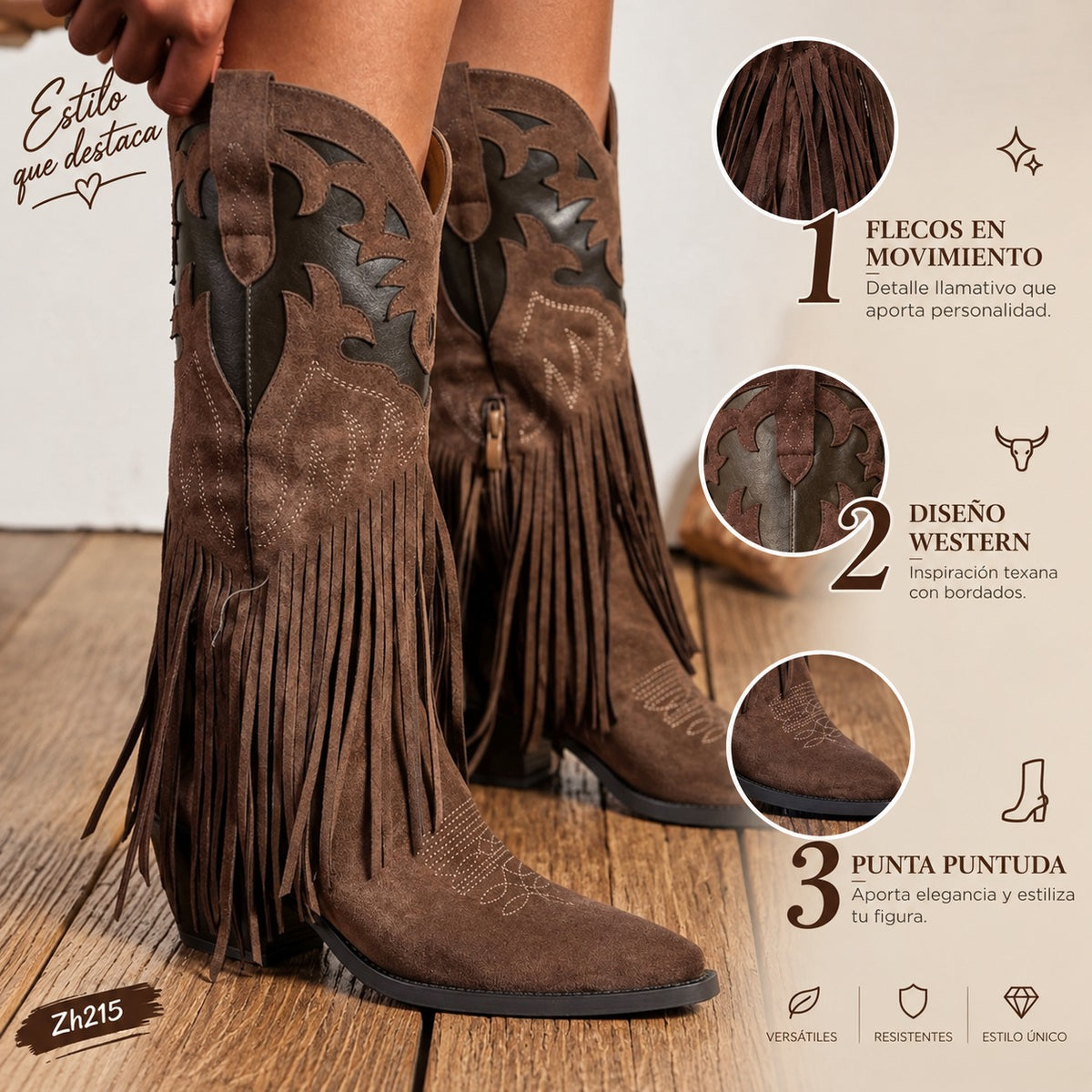 Bota texana café detalle flecos tacon 6cm  A9851  C-90