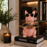 Articulo decorativo perro sentado rosa bandeja en las manos 24cm* 19cm* 20cm