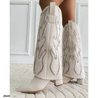 Bota caña alta beige doblez apliques plateado tacon 7cm   HX3360-C1783