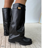 Bota caña alta negro doblez detalle dorado suela 4cm  SM576  C-129