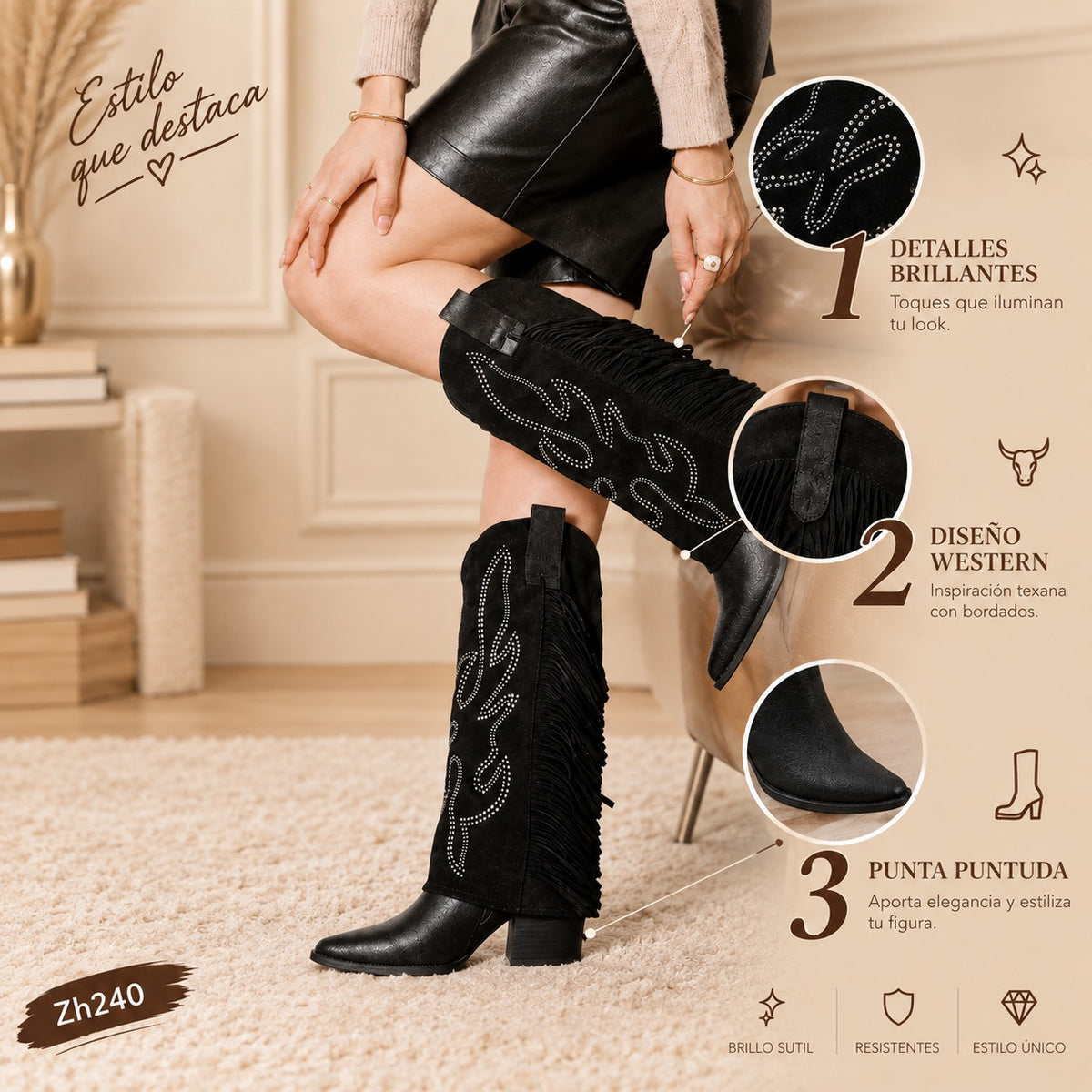 Bota texana negro doblez apliques plateado detalle flecos tacon 7cm  M-830  C-81