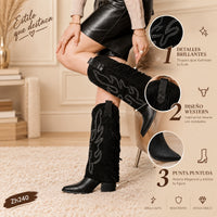 Bota texana negro doblez apliques plateado detalle flecos tacon 7cm  M-830  C-81
