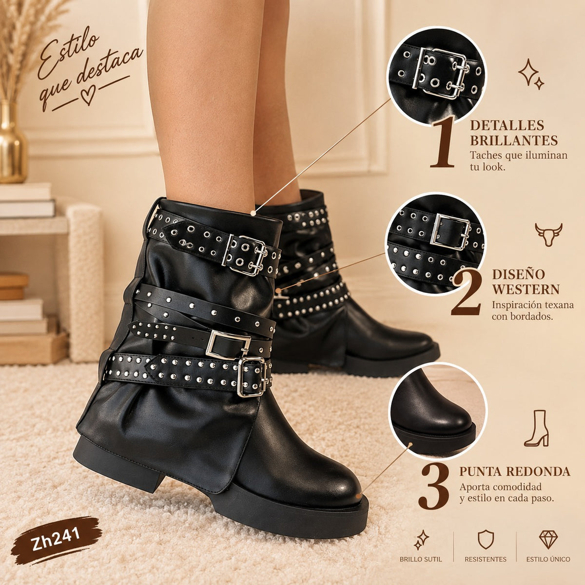 Botin negro doblez detalle correas apliques plateado suela 5cm  HX3096-B9431
