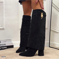 Bota caña alta negro doblez apliques brillantes tacon 10cm  G719  C-131