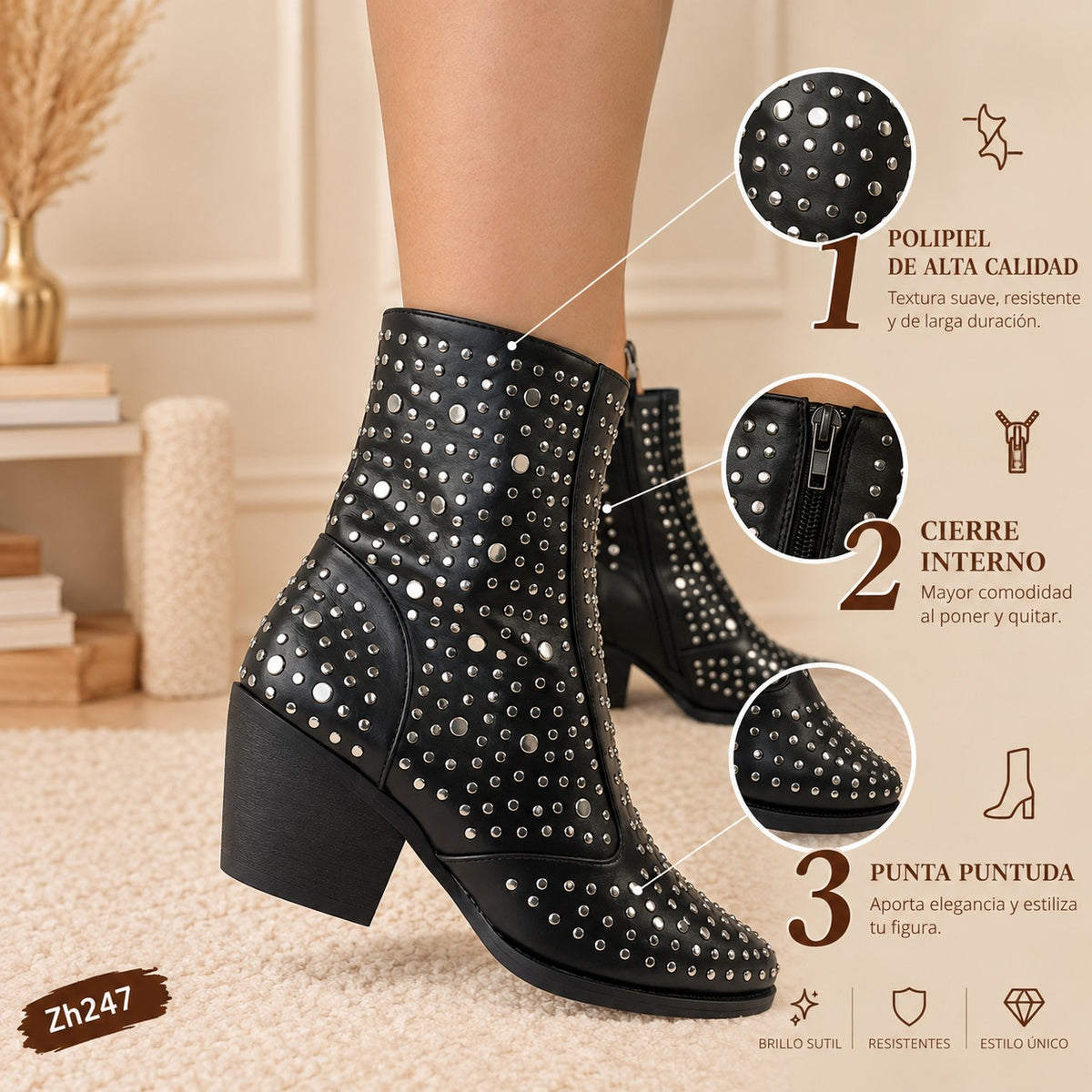 Botin texano negro apliques plateado tacon 7cm  HX3131-B9509