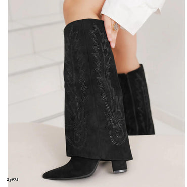Bota texana negro doblez apliques brillantes tacon 9cm 7675A  C-48