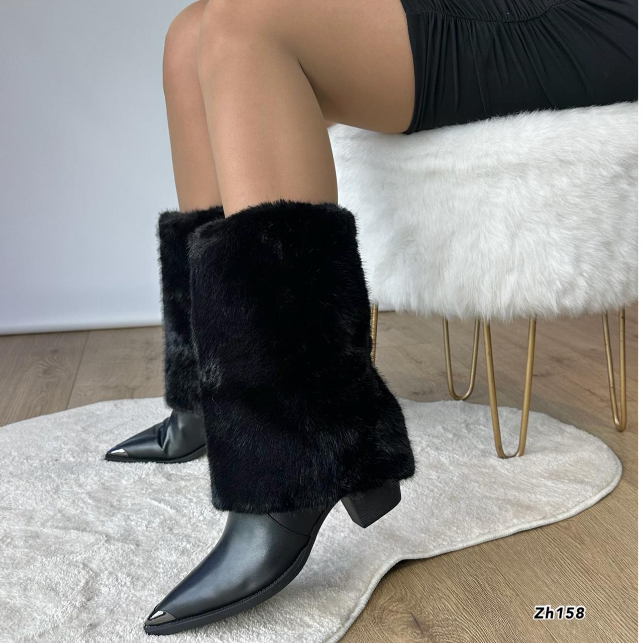 Bota texana negro doblez peludo punta plateado tacon 6cm  255-068