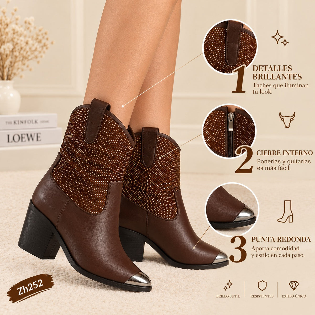 Botin texano café apliques dorado brillante punta plateado tacon 8cm  HX3177-C1209