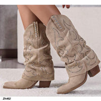 Bota texana beige doblez apliques plateado tacon 9cm  A9982  C-146