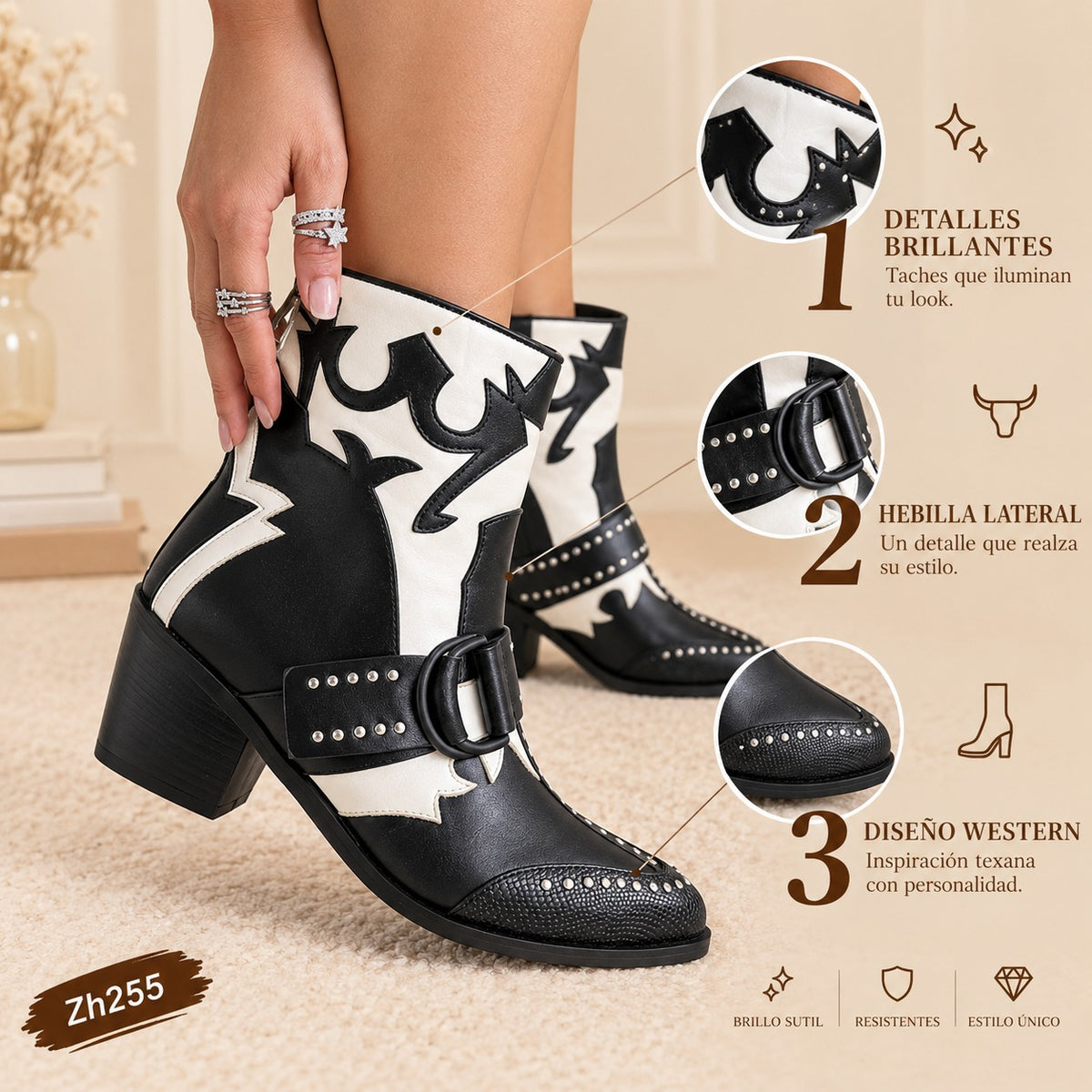 Botin texano negro detalles blanco apliques plateado tacon 5cm  255.121