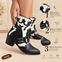 Botin texano negro detalles blanco apliques plateado tacon 5cm  255.121