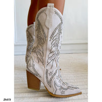 Bota texana beige apliques plateado tacon 8cm   HX3369-B0217