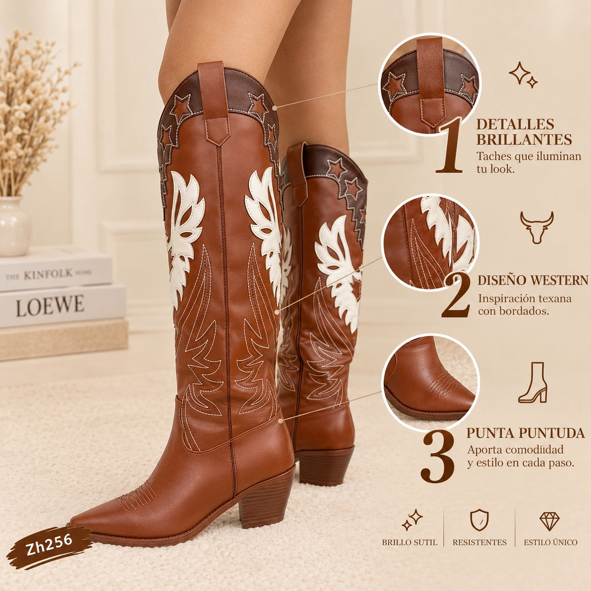 Bota texana café detalles blanco tacon 6cm  HX3168-C1210