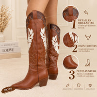 Bota texana café detalles blanco tacon 6cm  HX3168-C1210