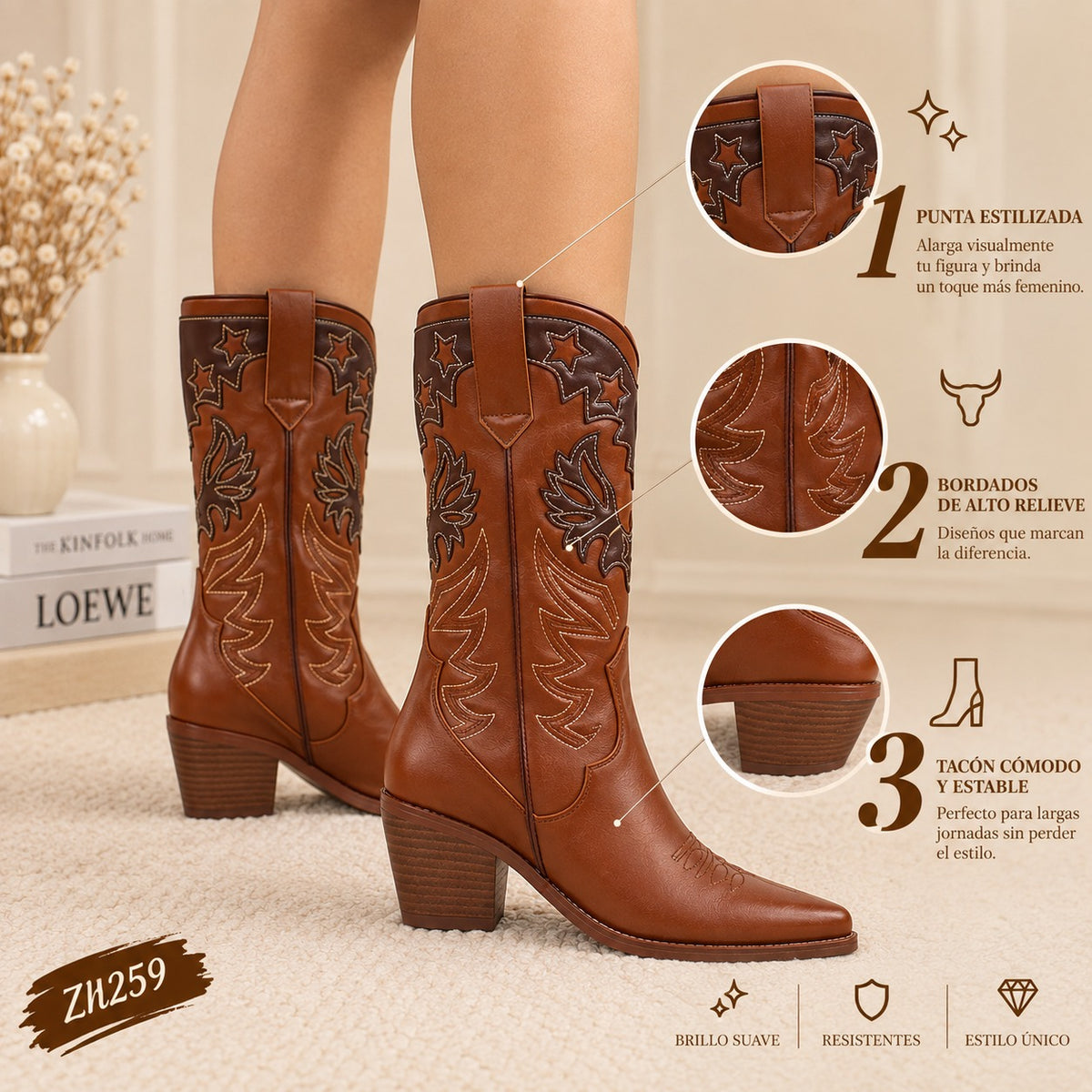 Bota texana café detalles oscuro  tacon 6cm  HX3168-C1211