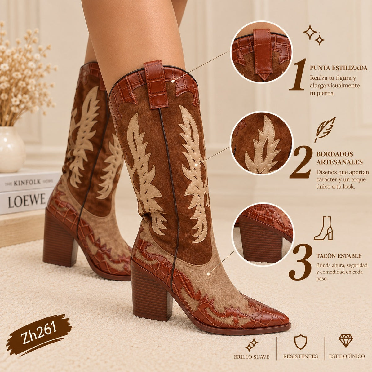 Bota texana café detalles beige tacon 9cm  HX3083-C1188