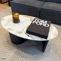 Mesa de centro piedra blanco con betas base metal negro 100cm* 60cm* 40cm