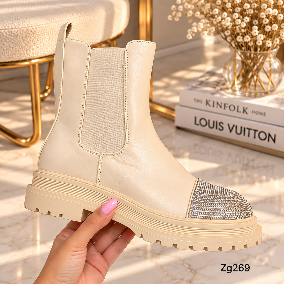 Botin beige apliques plateado brillantes suela 4cm  5182-6A  C-51