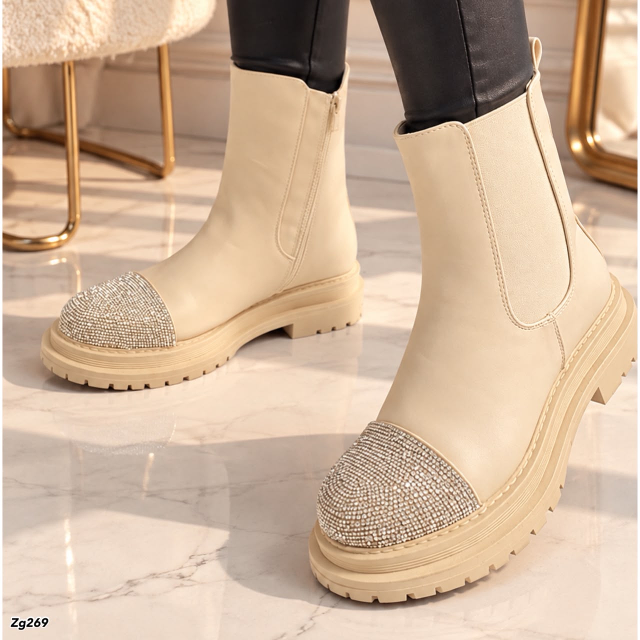 Botin beige apliques plateado brillantes suela 4cm  5182-6A  C-51