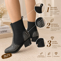 Botin texano negro resorte apliques plateado tacon 6cm  255-079