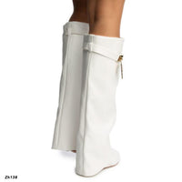 Bota caña alta blanco doblez detalle dorado tacon corrido 10cm  52166  C-64