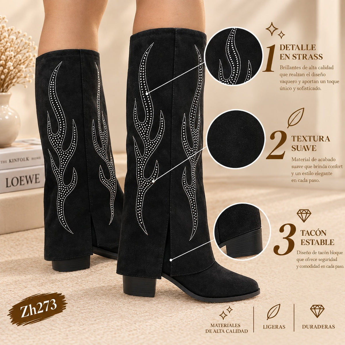 Bota texana negro doblez apliques plateado tacon 6cm  255-075