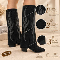 Bota texana negro doblez apliques plateado tacon 6cm  255-075