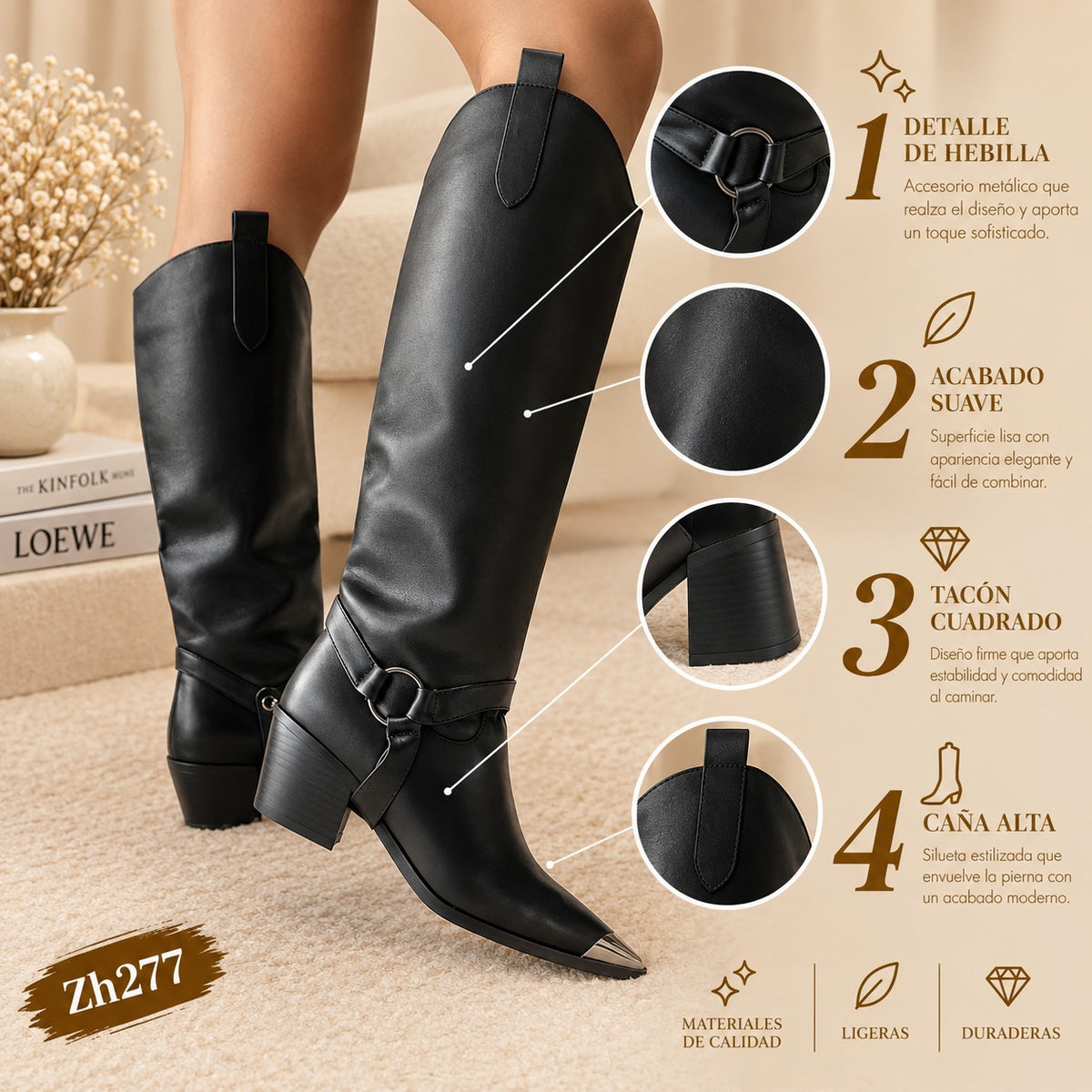 Bota texana negro detalle hebilla punta plateado tacon 6cm  255-151