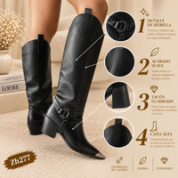 Bota texana negro detalle hebilla punta plateado tacon 6cm  255-151