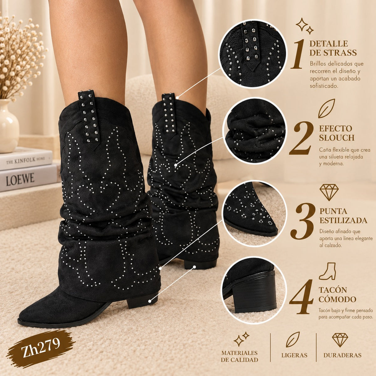Bota texana negro doblez apliques y taches plateado tacon 6cm  255-074