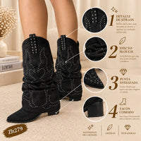 Bota texana negro doblez apliques y taches plateado tacon 6cm  255-074