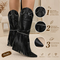Bota texana negro apliques plateado detalle flecos tacon 8cm  HX3191-B9648
