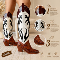 Bota texana café detalles blanco y negro tacon 6cm  HX3168-C1249