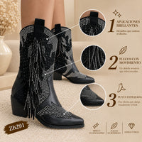 Botin texano negro detalle flecos apliques plateado brillantes tacon 6cm  HX3168-C1262
