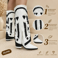 Bota texana blanco doblez detalles negro tacon 8cm  HX3198-C1300