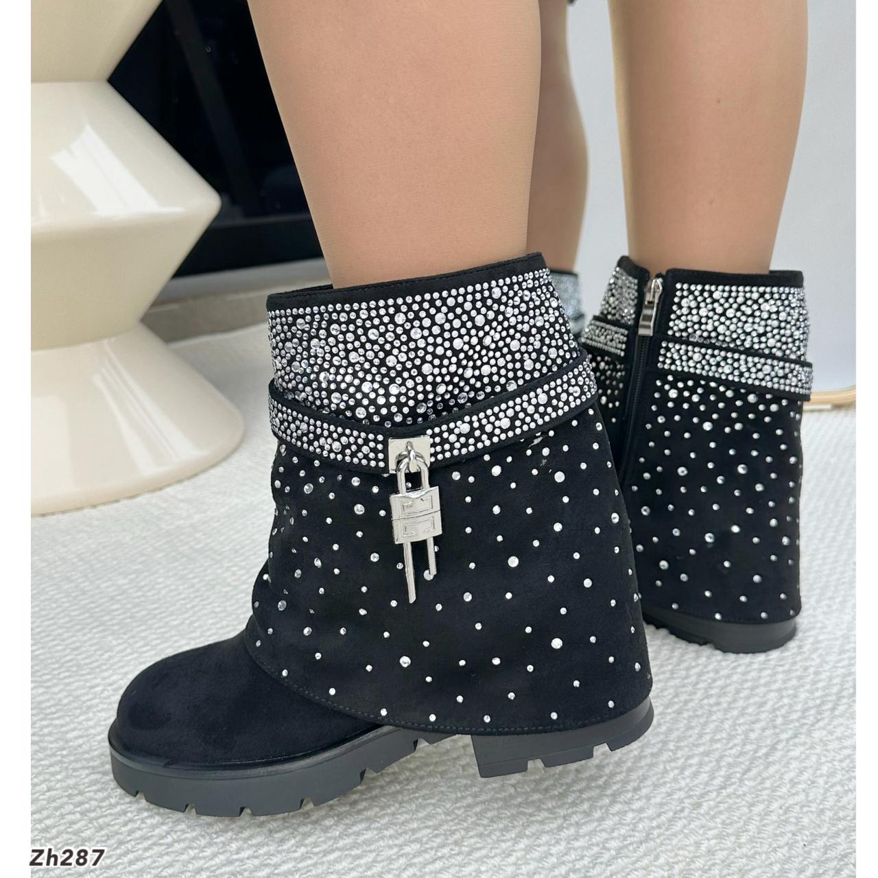 Botin negro doblez apliques plateado brillantes tacon 4cm  HX3202-B9663