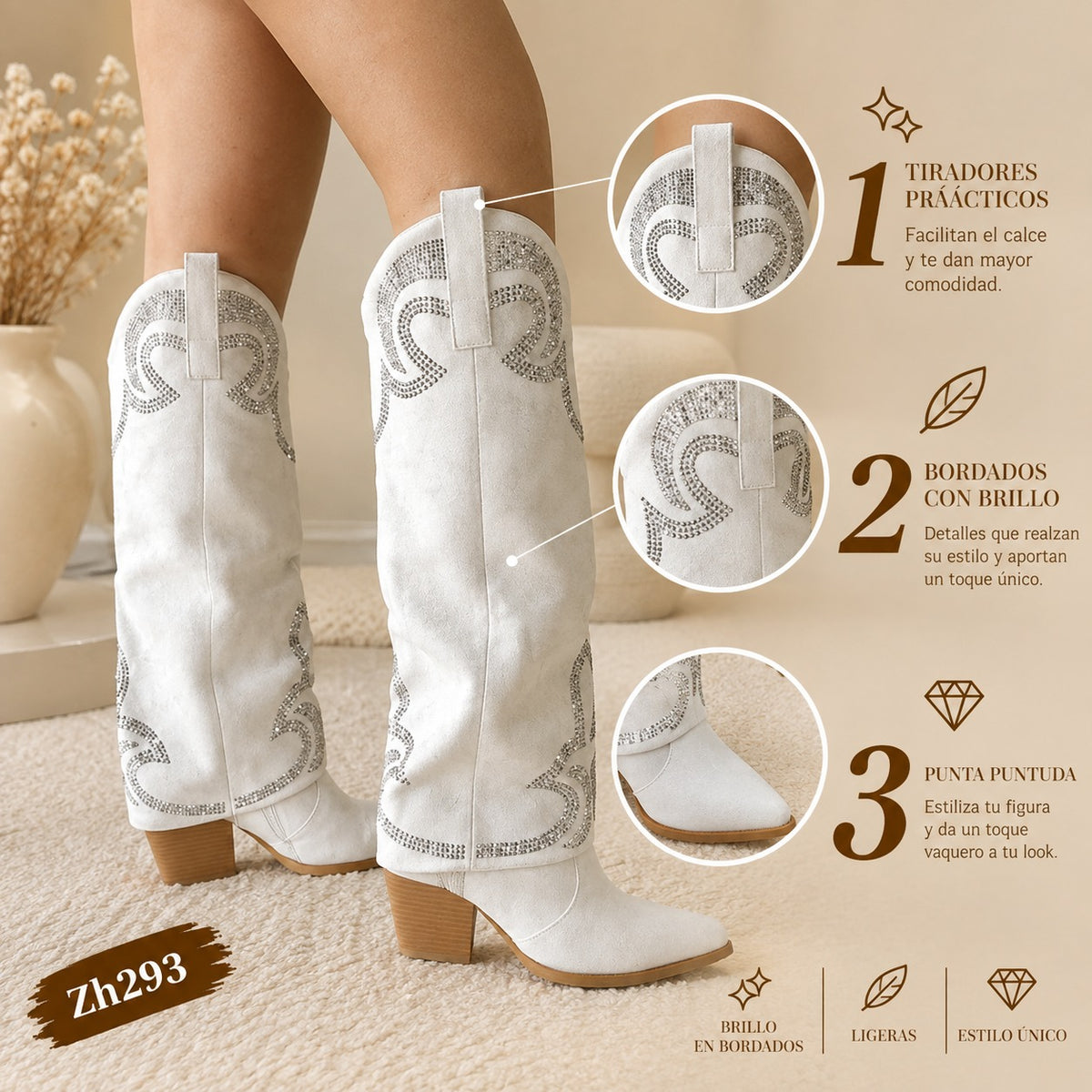 Bota texana beige doblez apliques plateado tacon 7cm  HX3170-B9577