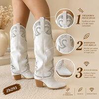 Bota texana beige doblez apliques plateado tacon 7cm  HX3170-B9577