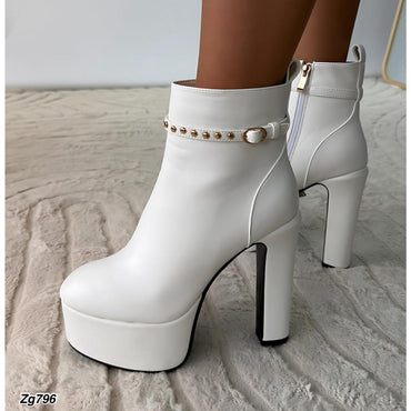 Botin blanco apliques dorado plataforma 5cm  tacon 13cm   IS14-079