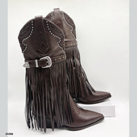 Bota texana café apliques plateado detalle flecos tacon 6cm   HX3325-C1787
