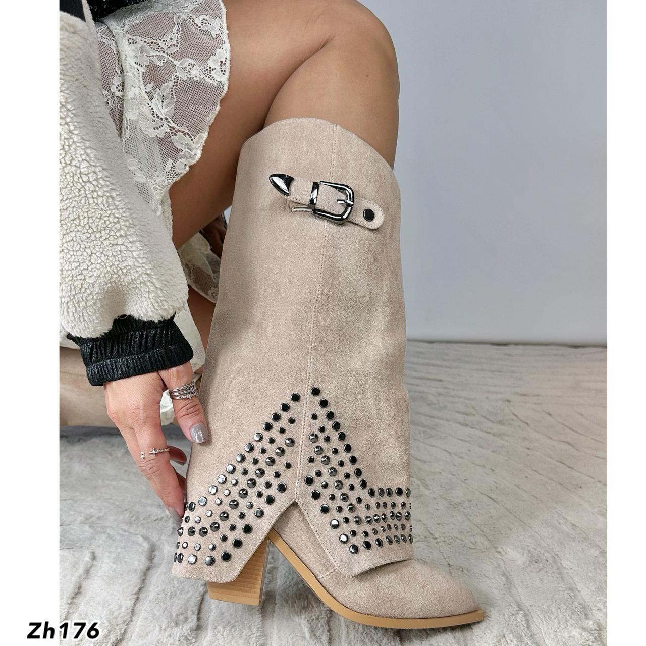 Bota texana beige doblez apliques plomo tacon 9cm  255-040