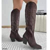 Bota texana café oscuro apliques plateado tacon 8cm  A9829  C-124
